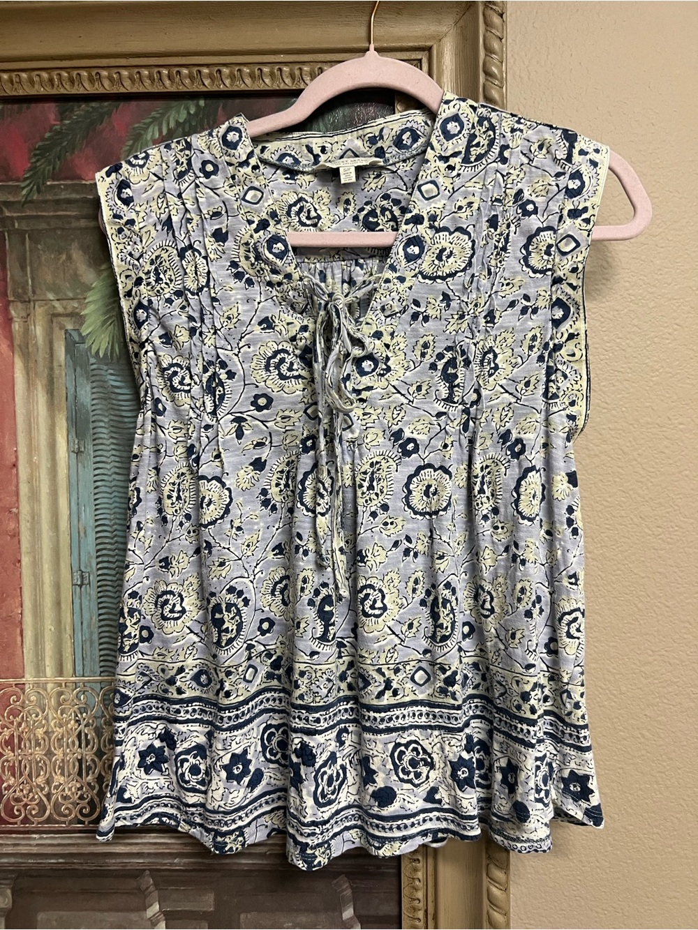 Lucky Brand Sleeveless Floral Tie-Front Top in Navy and Cream